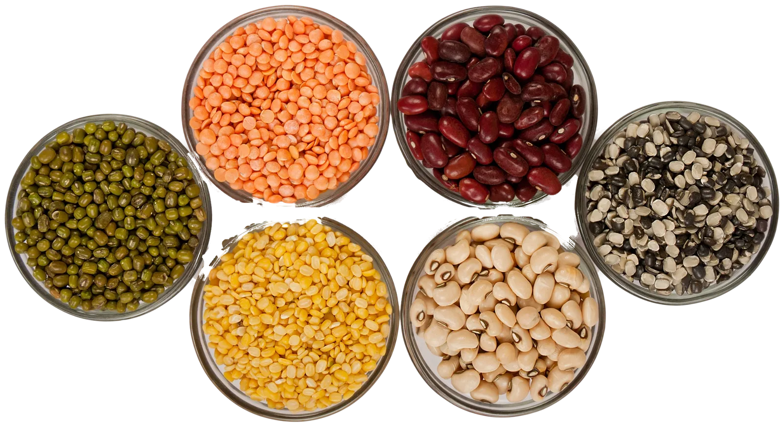 Bowls of different lentils, beans and dals